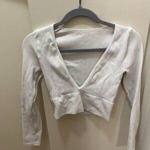 White Long Sleeve Deep V-Neck Shirt